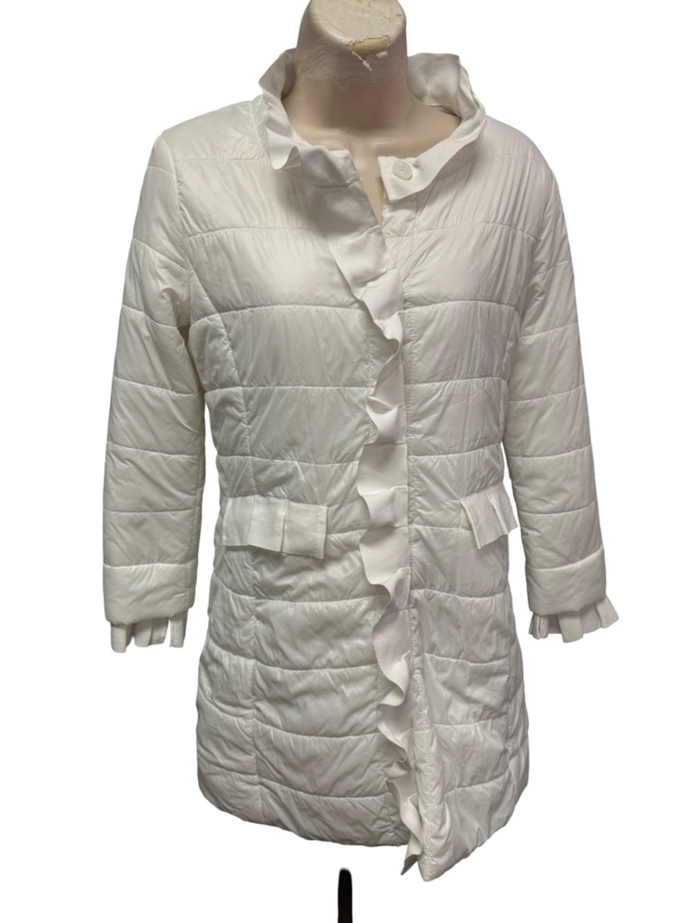 1066 / Patty Kim White Ruffle Trim Puffer Jacket Women’s Size XS